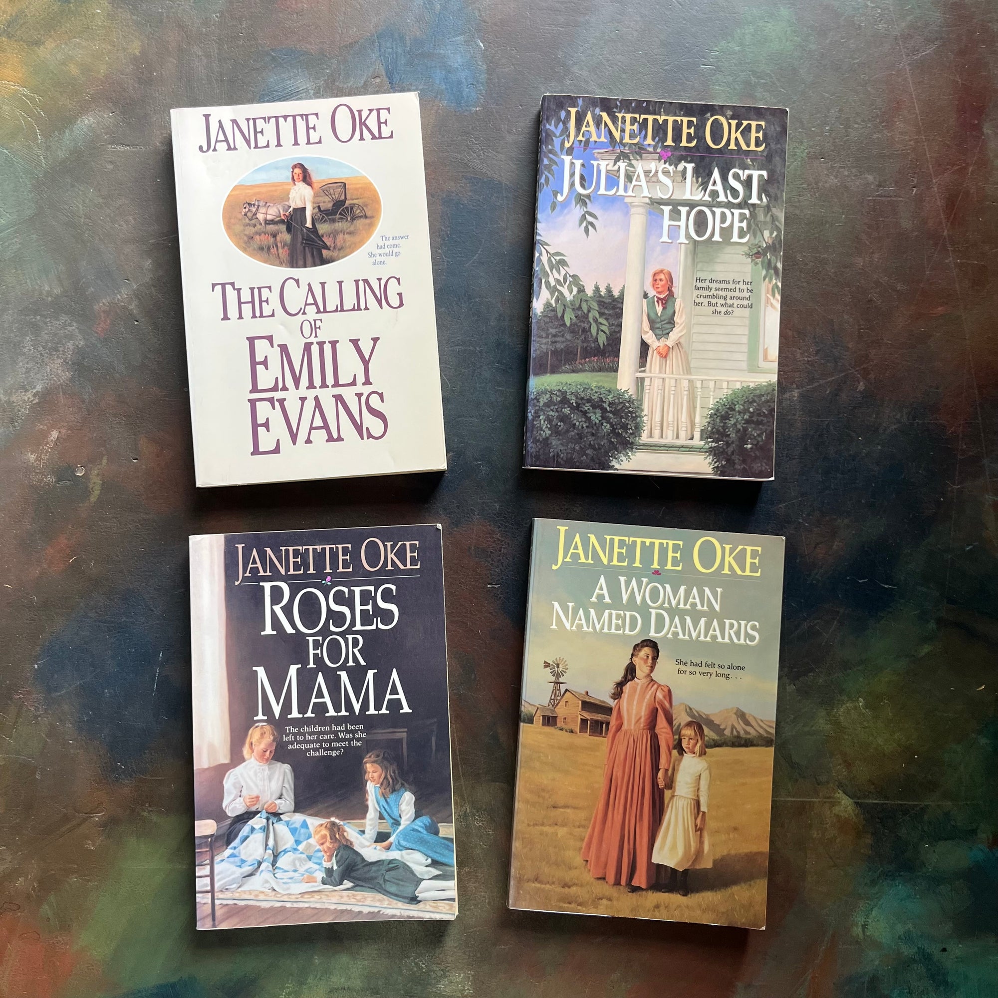 Women of the West Historical Fiction Series Starter Set-written by Janette Oke-vintage Christian fiction-view of the front covers with an image of each of the main characters depicted on each cover