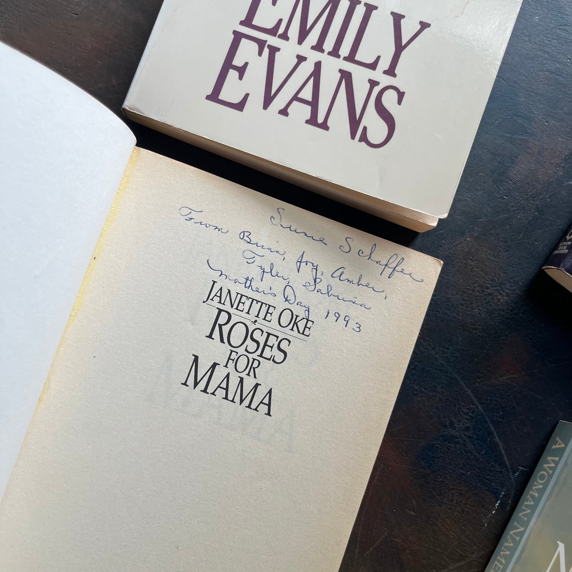 Women of the West Historical Fiction Series Starter Set-written by Janette Oke-vintage Christian fiction-view of the inside cover of Roses for Mama with an inscription written in ink