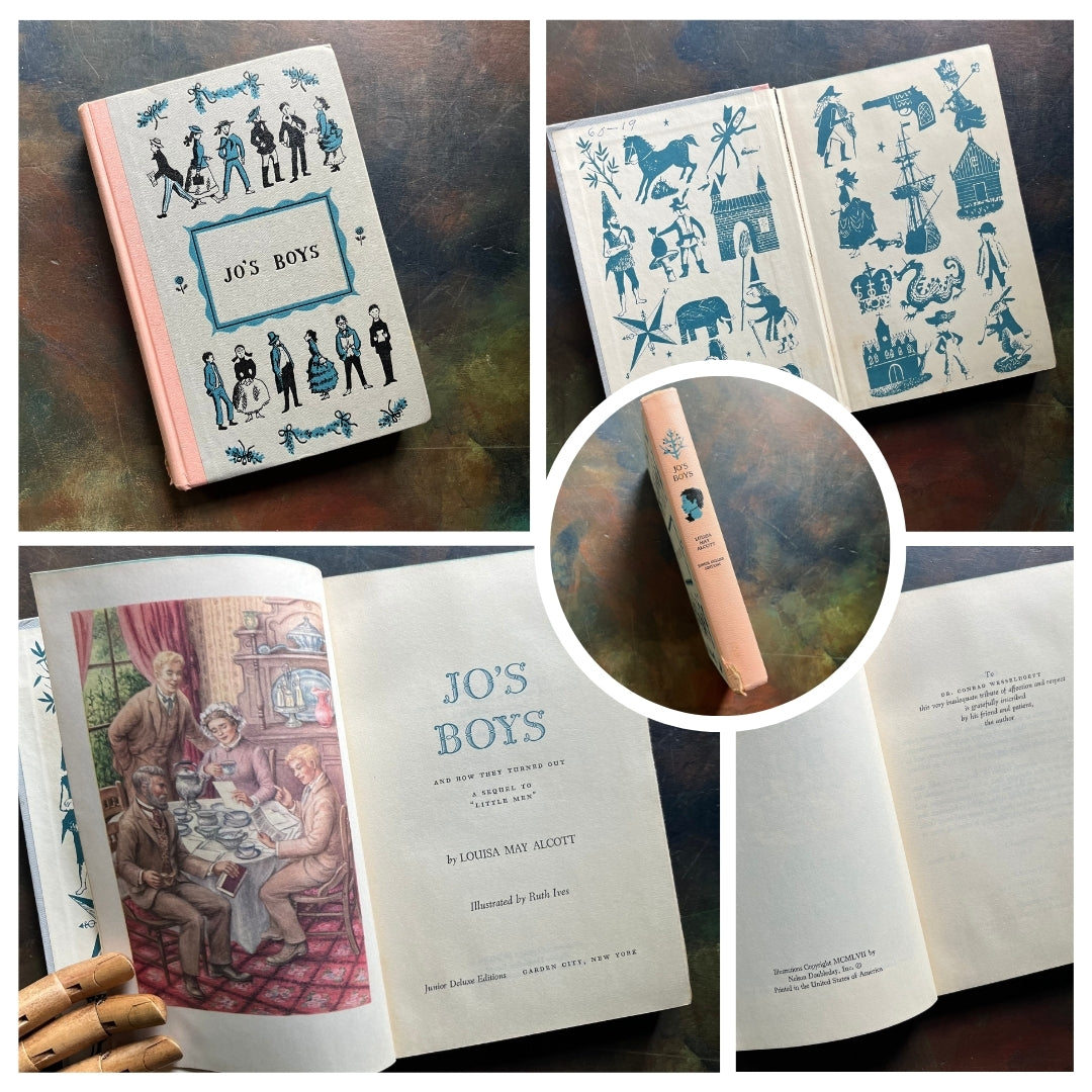 A collage of Junior Deluxe Edition books showing the cover, inside cover, spine, title page and copyright page of the book, Jo's Boys, written by Louisa May Alcott - vintage children's classic literature books-collectible children's books-rainbow book spines