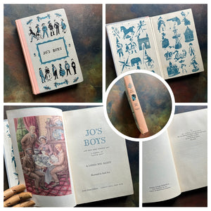 A collage of Junior Deluxe Edition books showing the cover, inside cover, spine, title page and copyright page of the book, Jo's Boys, written by Louisa May Alcott - vintage children's classic literature books-collectible children's books-rainbow book spines