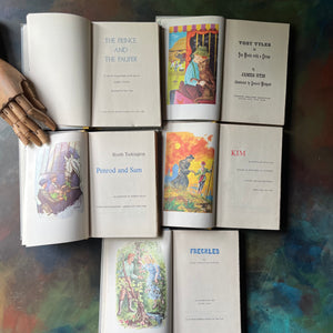 Junior Deluxe Editions Book Set-Adventure & Mischief Themed Books for Boys-Kim-Freckles-Toby Tyler-Classic Children's Literature-view of the title pages with frontispieces