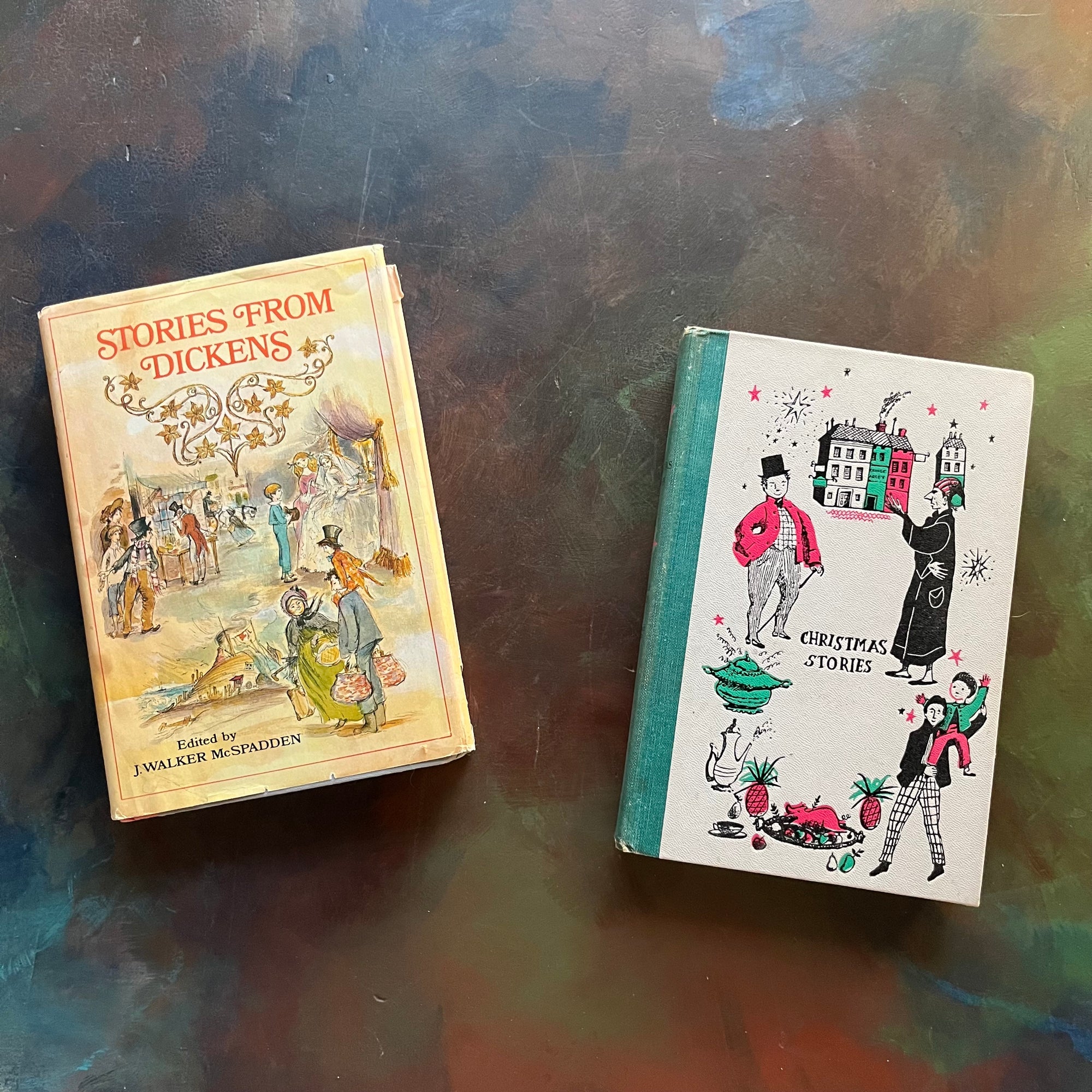 Junior Deluxe Editions Christmas Book Set-Stories from Dickens and Christmas Stories-Charles Dickens-vintage children's chapter books-short stories of Christmas-view of the front covers showing the dust jacket's cover of Stories from Dickens