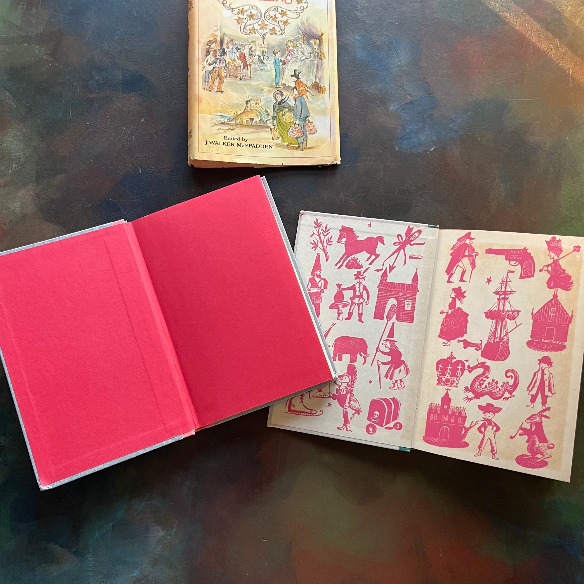 Junior Deluxe Editions Christmas Book Set-Stories from Dickens and Christmas Stories-Charles Dickens-vintage children's chapter books-short stories of Christmas-view of the inside covers in hot pink