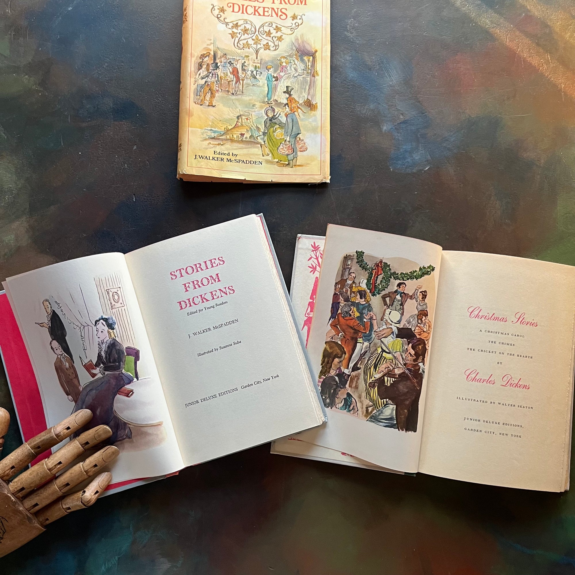 Junior Deluxe Editions Christmas Book Set-Stories from Dickens and Christmas Stories-Charles Dickens-vintage children's chapter books-short stories of Christmas-view of the title pages & frontispieces