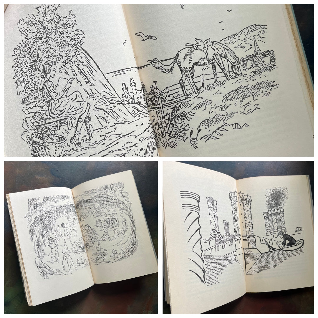 A collage of Junior Deluxe Edition books showing the black and white illustrations found within the pages of these books - vintage children's classic literature books-collectible children's books-rainbow book spines
