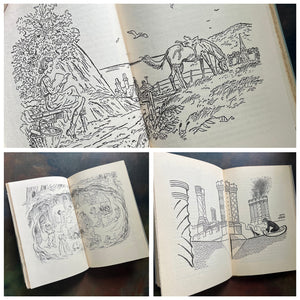 A collage of Junior Deluxe Edition books showing the black and white illustrations found within the pages of these books - vintage children's classic literature books-collectible children's books-rainbow book spines