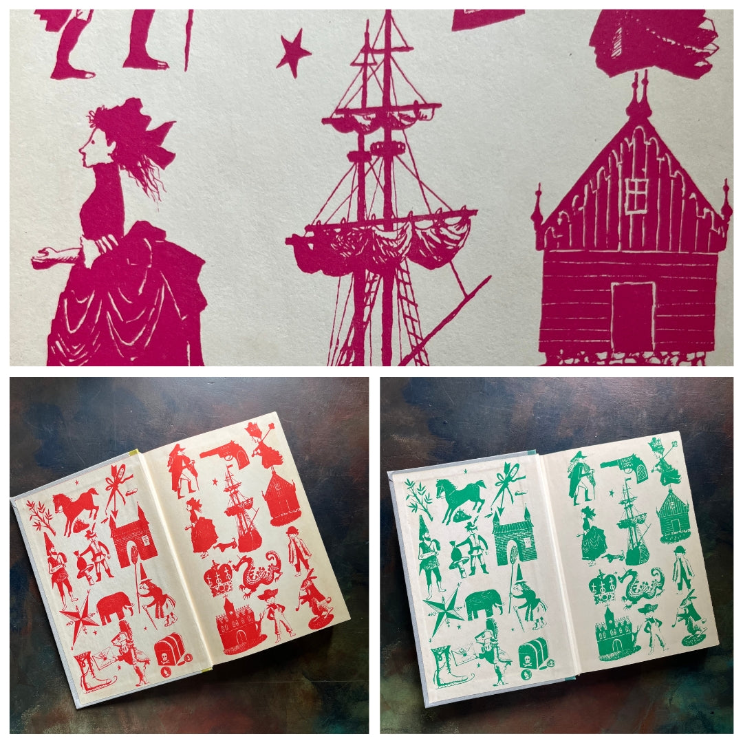 A collage of Junior Deluxe Edition books showing the colorful inside covers showing the repeating design in each book - vintage children's classic literature books-collectible children's books-rainbow book spines