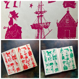 A collage of Junior Deluxe Edition books showing the colorful inside covers showing the repeating design in each book - vintage children's classic literature books-collectible children's books-rainbow book spines