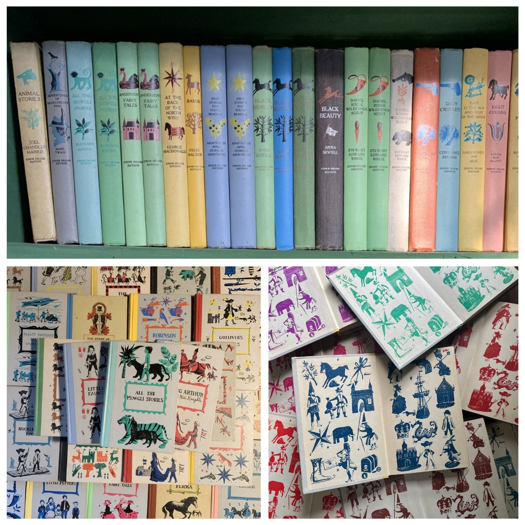 A collage of Junior Deluxe Edition books showing the spines, the colorful inside covers with repeating designs and the covers - vintage children's classic literature books-collectible children's books-rainbow book spines