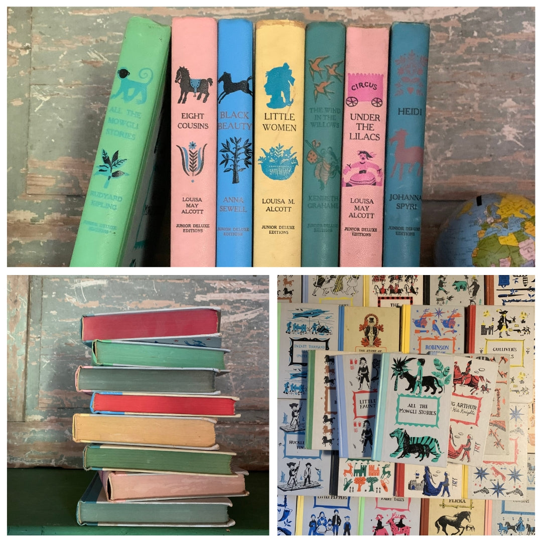 A collage of Junior Deluxe Edition books showing the spines, the foredges and the covers - vintage children's classic literature books-collectible children's books-rainbow book spines
