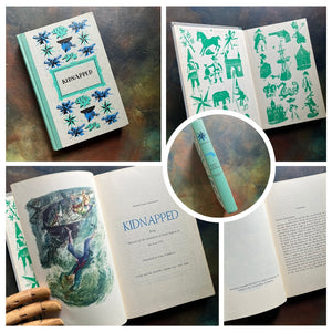 A collage of Junior Deluxe Edition books showing the cover, inside cover, spine, title page and copyright page of the book, Kidnapped, written by Robert Louis Stevenson - vintage children's classic literature books-collectible children's books-rainbow book spines