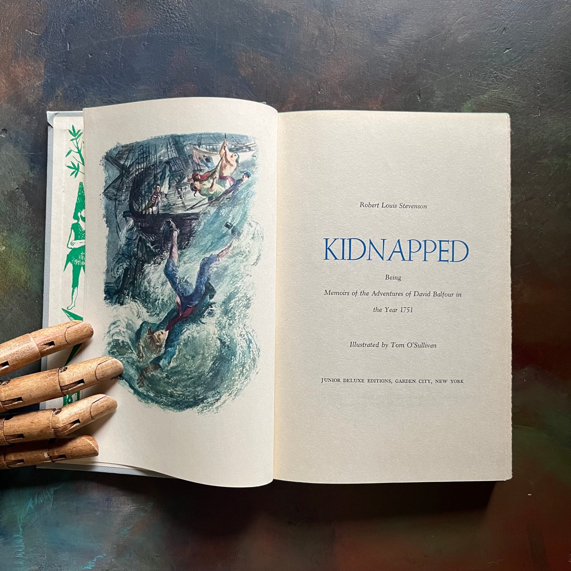 Kidnapped written by Robert Louis Stevenson with illustrations by Tom O'Sullivan-junior deluxe editions book-vintage children's book-view of the title page & frontispiece