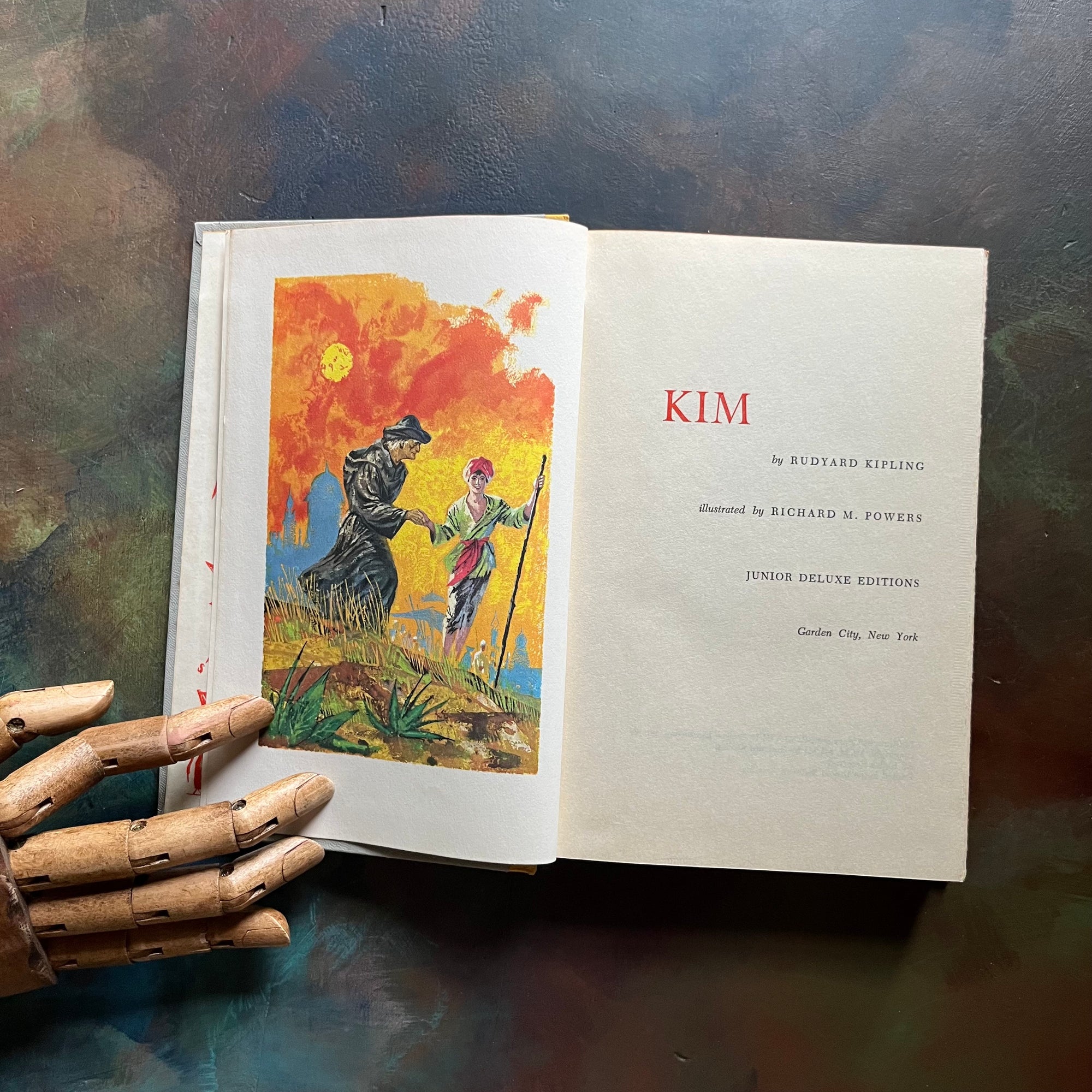 Kim written by Rudyard Kipling with illustrations by Richard M. Powers-1958 Junior Deluxe Editions Book-vintage children's chapter book-view of the title page & frontispiece
