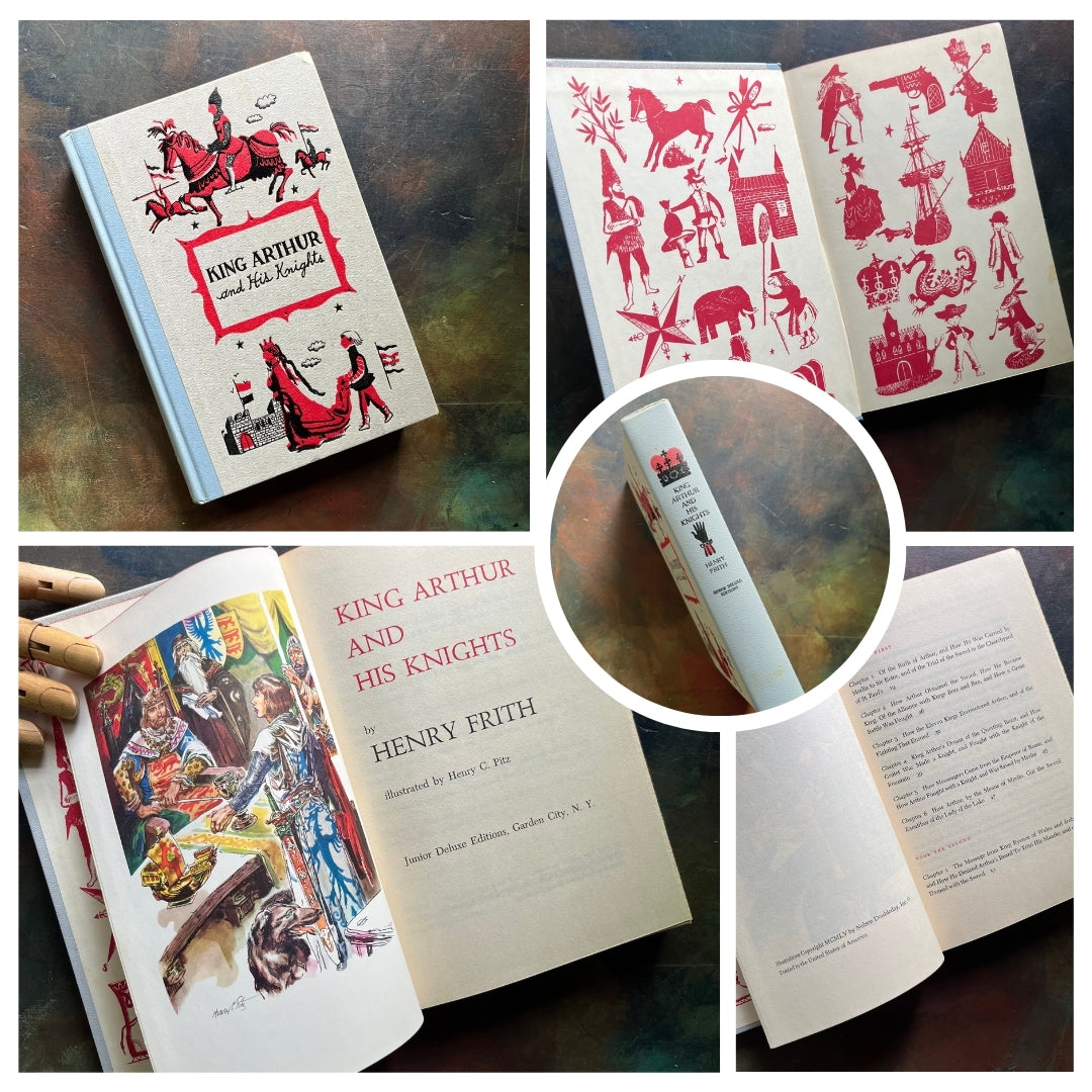 A collage of Junior Deluxe Edition books showing the cover, inside cover, spine, title page and copyright page of the book, King Arthur and His Knights, written by Henry Frith - vintage children's classic literature books-collectible children's books-rainbow book spines