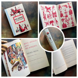 A collage of Junior Deluxe Edition books showing the cover, inside cover, spine, title page and copyright page of the book, King Arthur and His Knights, written by Henry Frith - vintage children's classic literature books-collectible children's books-rainbow book spines