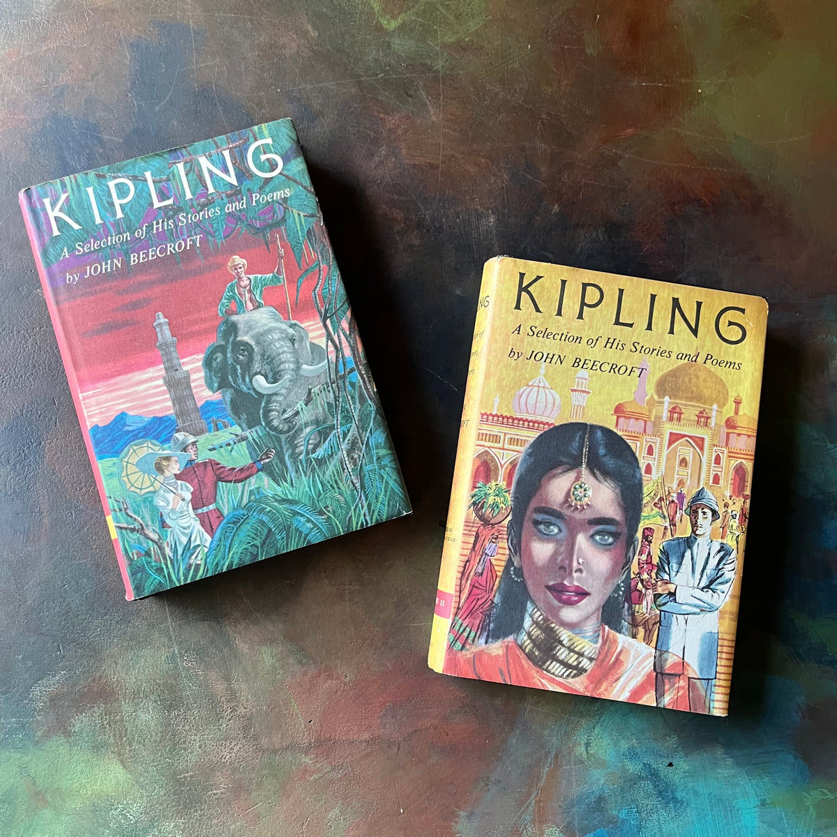 Kipling A Selection of His Stories and Poems-Volumes I and II-selected by John Beecroft-vintage Rudyard Kipling poetry-short stories-view of the dust jacket's front covers with illustrations by Richard M. Powers