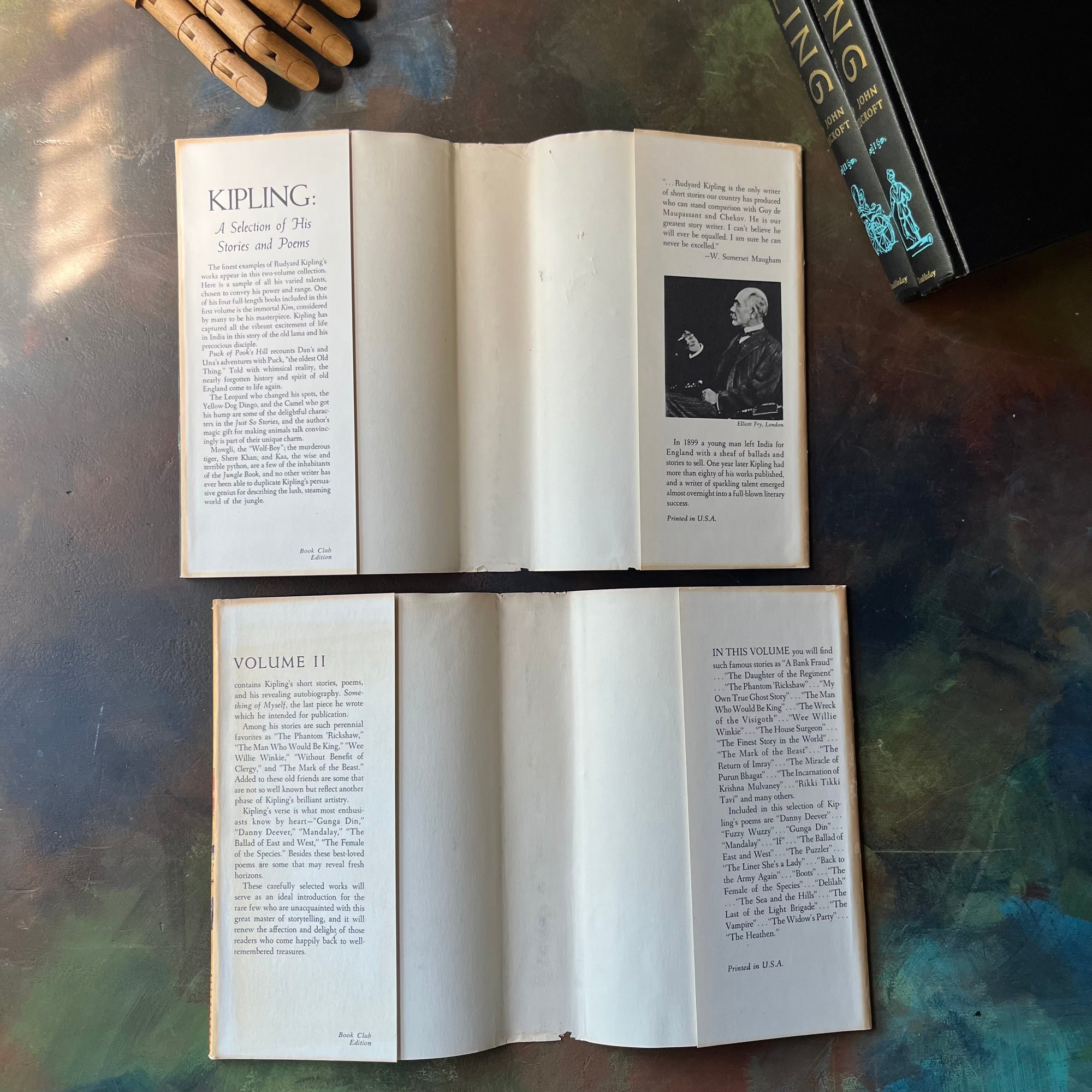 Kipling A Selection of His Stories and Poems-Volumes I and II-selected by John Beecroft-vintage Rudyard Kipling poetry-short stories-view of the dust jackets inside flaps