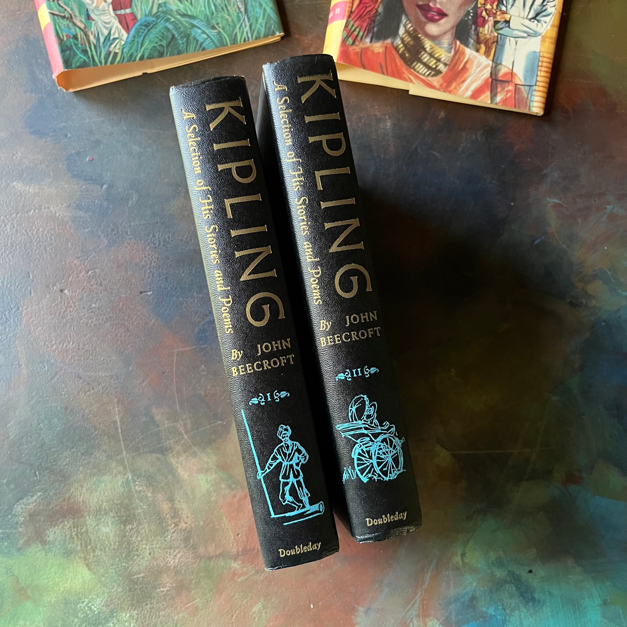 Kipling A Selection of His Stories and Poems-Volumes I and II-selected by John Beecroft-vintage Rudyard Kipling poetry-short stories-view of the spines