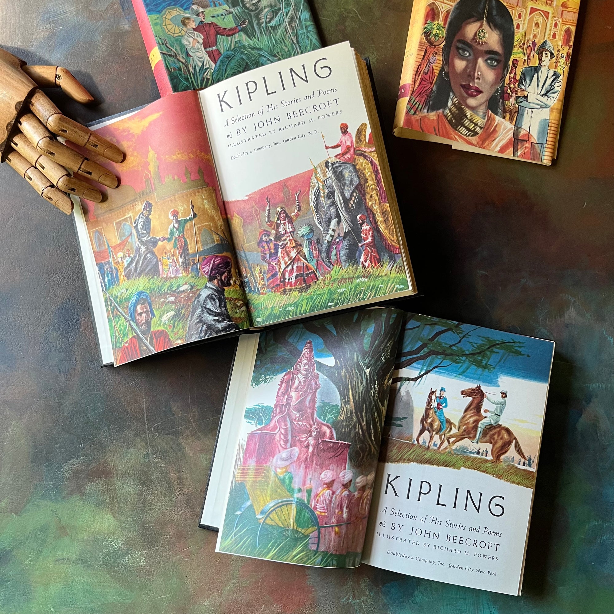 Kipling A Selection of His Stories and Poems-Volumes I and II-selected by John Beecroft-vintage Rudyard Kipling poetry-short stories-view of the title pages with colorful frontispieces illustrated by Richard M. Powers