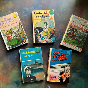 Landmark Series Book Set of Five Chapter books for children including The Lewis and Clark Expedition, Catherine the Great, Gettysburg, John F. Kennedy and PT-109, and Thirty Seconds over Tokyo-World History-US History-history books for children-kids chapter books-view of the front covers