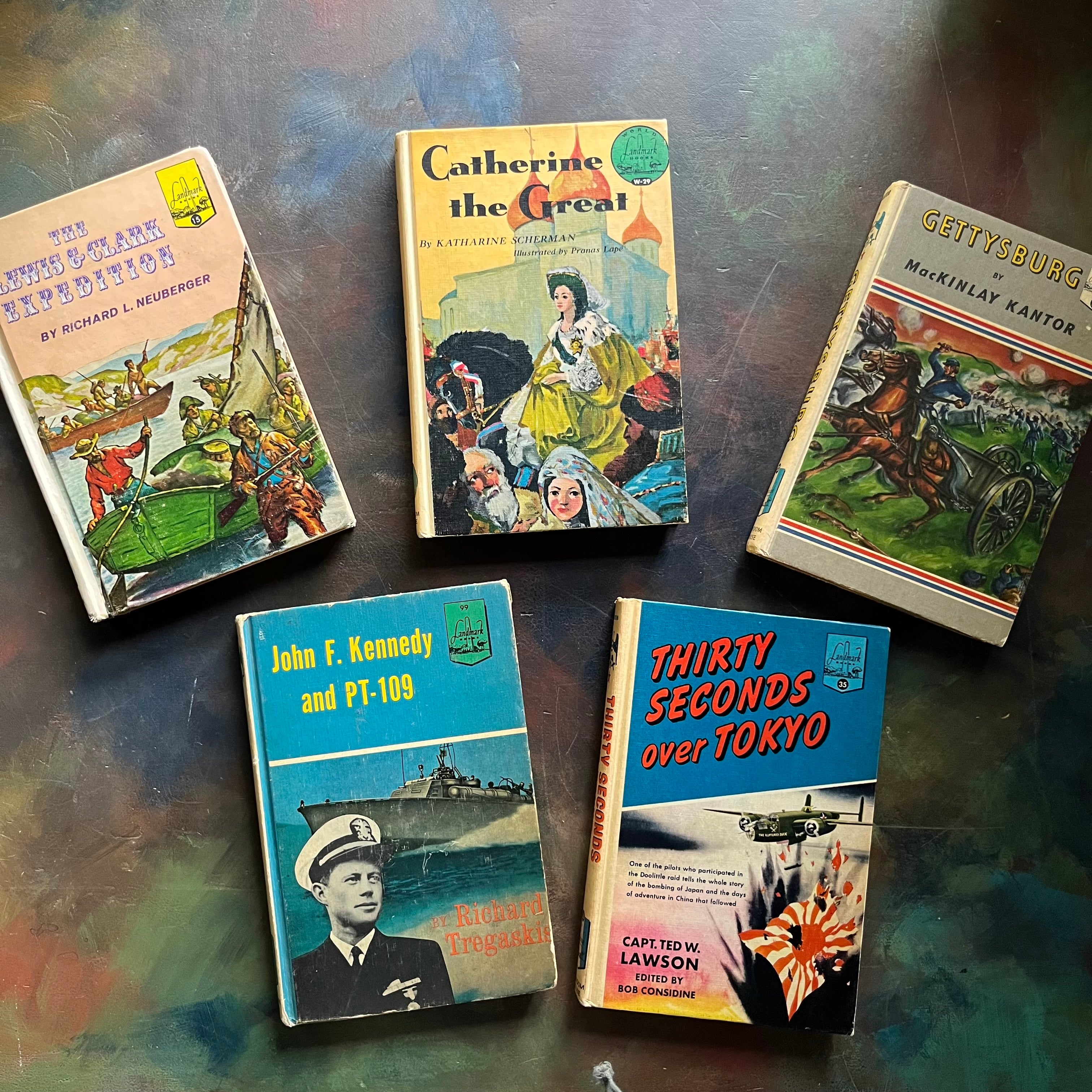Landmark Series Book Set of Five Chapter books for children including The Lewis and Clark Expedition, Catherine the Great, Gettysburg, John F. Kennedy and PT-109, and Thirty Seconds over Tokyo-World History-US History-history books for children-kids chapter books-view of the front covers