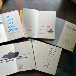 Landmark Series Book Set of Five Chapter books for children including The Lewis and Clark Expedition, Catherine the Great, Gettysburg, John F. Kennedy and PT-109, and Thirty Seconds over Tokyo-World History-US History-history books for children-kids chapter books-view of the title pages