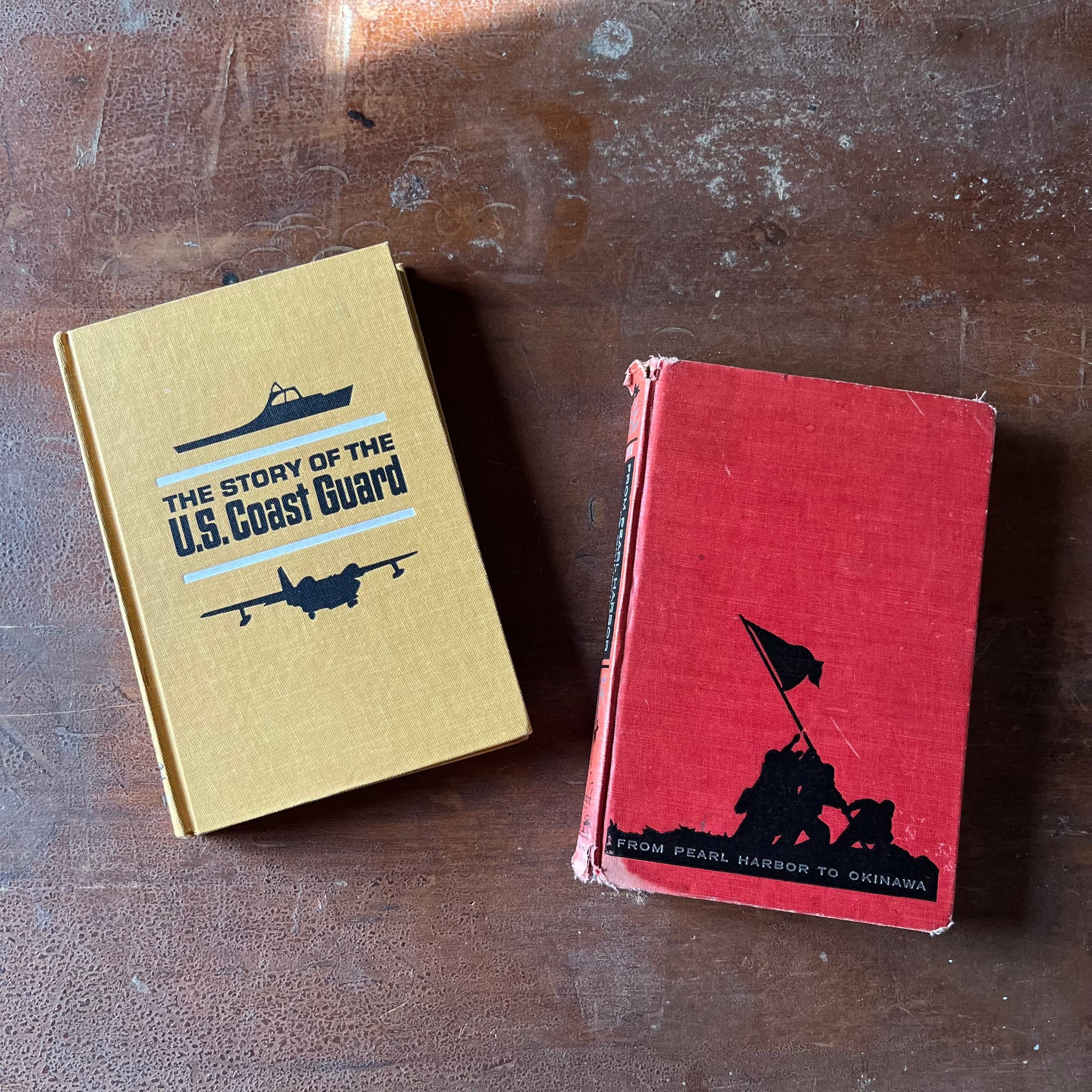 vintage children's history, chapter books - Pair of Landmark Series Books: The Story of the U. S. Coast Guard & From Pearl Harbor to Okinawa - view of the front covers