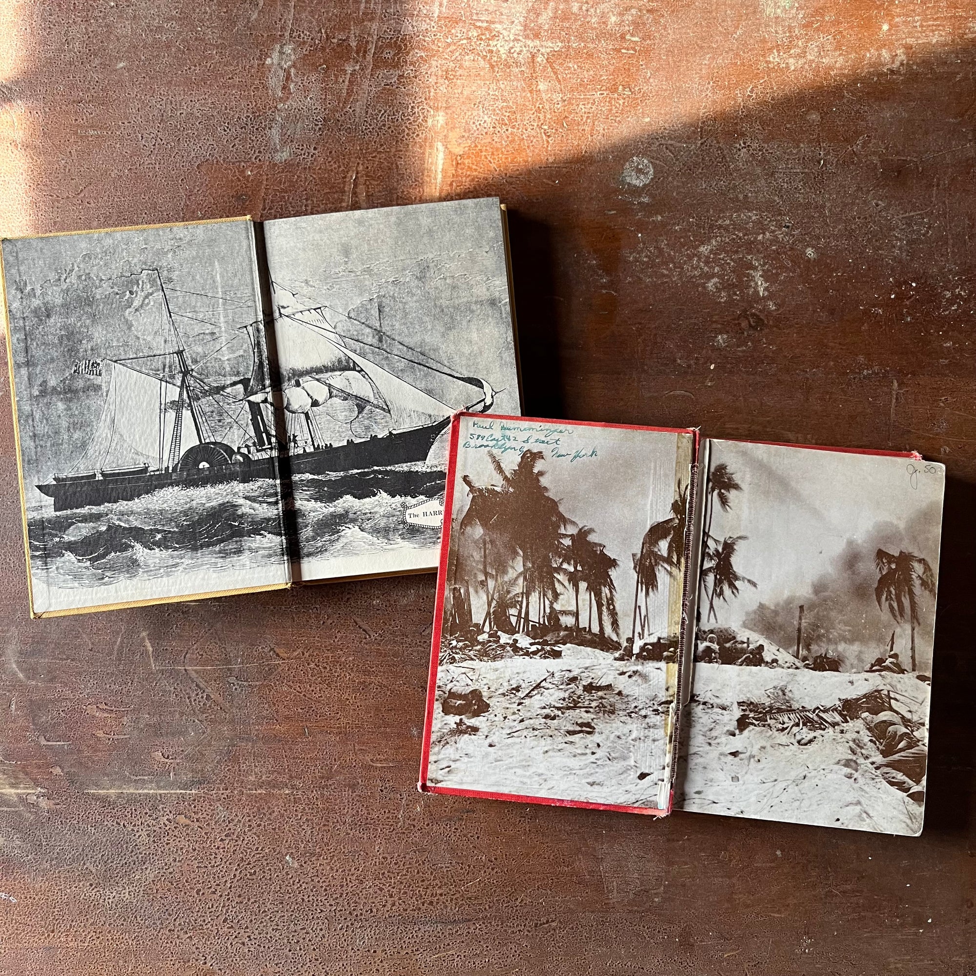 vintage children's history, chapter books - Pair of Landmark Series Books: The Story of the U. S. Coast Guard & From Pearl Harbor to Okinawa - view of the inside cover pages