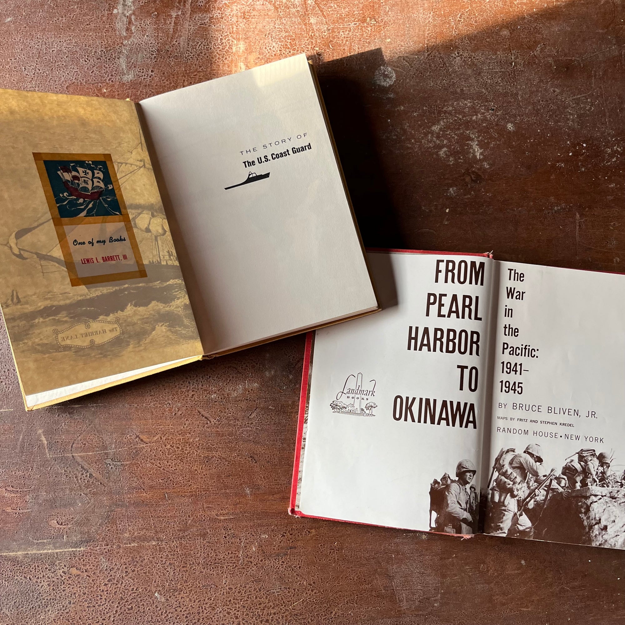 vintage children's history, chapter books - Pair of Landmark Series Books: The Story of the U. S. Coast Guard & From Pearl Harbor to Okinawa - view of the half title page & the title page