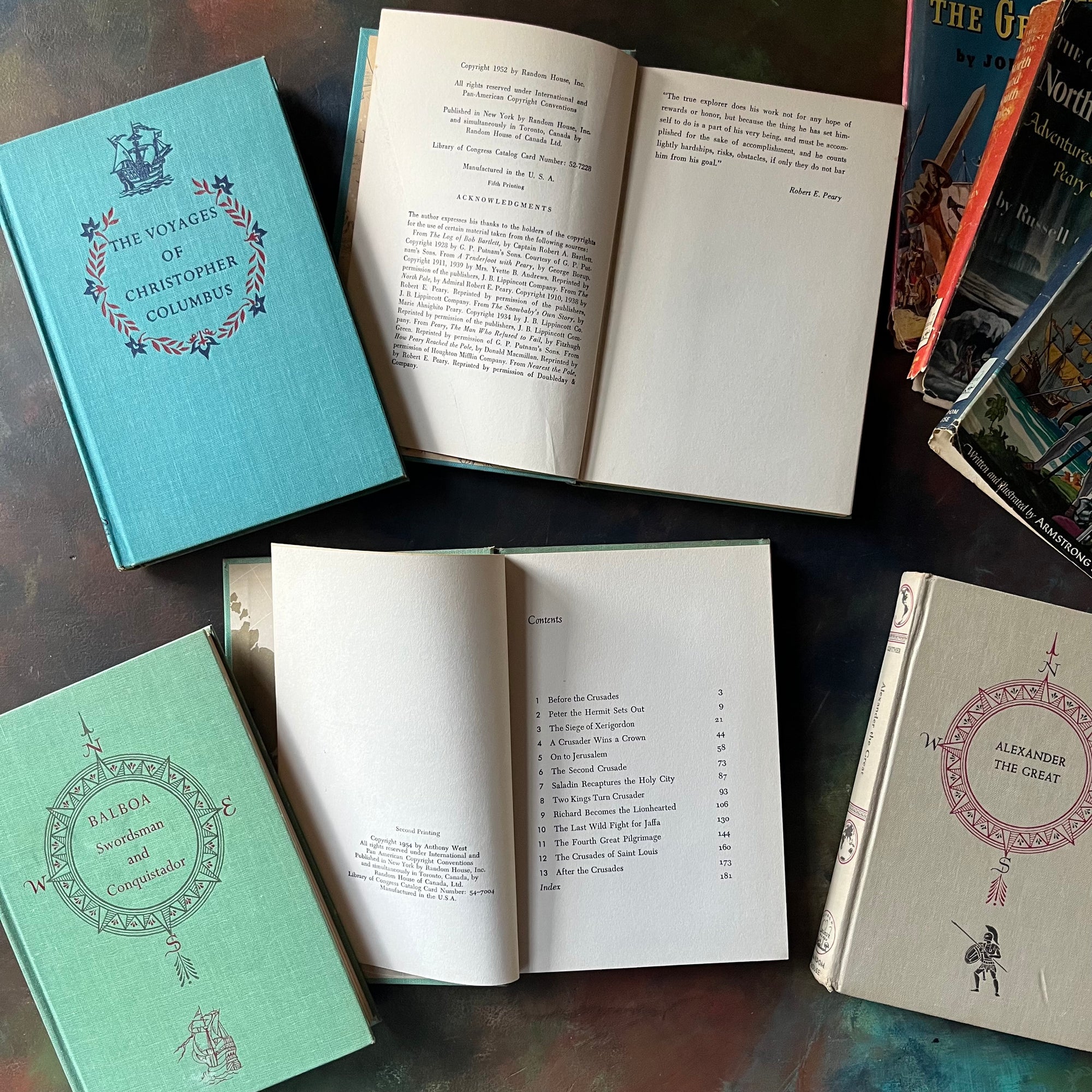 Landmark Series Great Explorers Collection Book Set-Columbus-Alexander the Great-Crusades-Balboa-North and South Poles-vintage living books-view of the copyright pages
