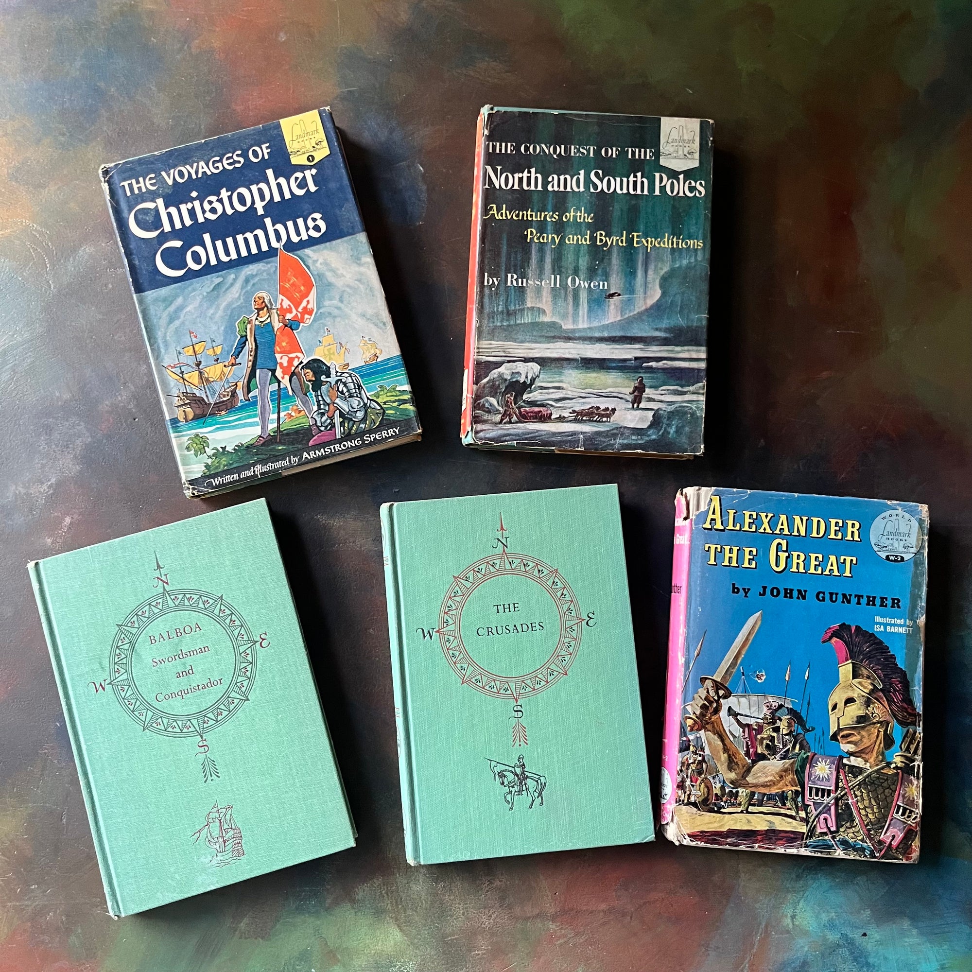 Landmark Series Great Explorers Collection Book Set-Columbus-Alexander the Great-Crusades-Balboa-North and South Poles-vintage living books-view of the front covers with dust jackets