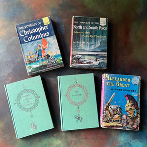 Landmark Series Great Explorers Collection Book Set-Columbus-Alexander the Great-Crusades-Balboa-North and South Poles-vintage living books-view of the front covers with dust jackets