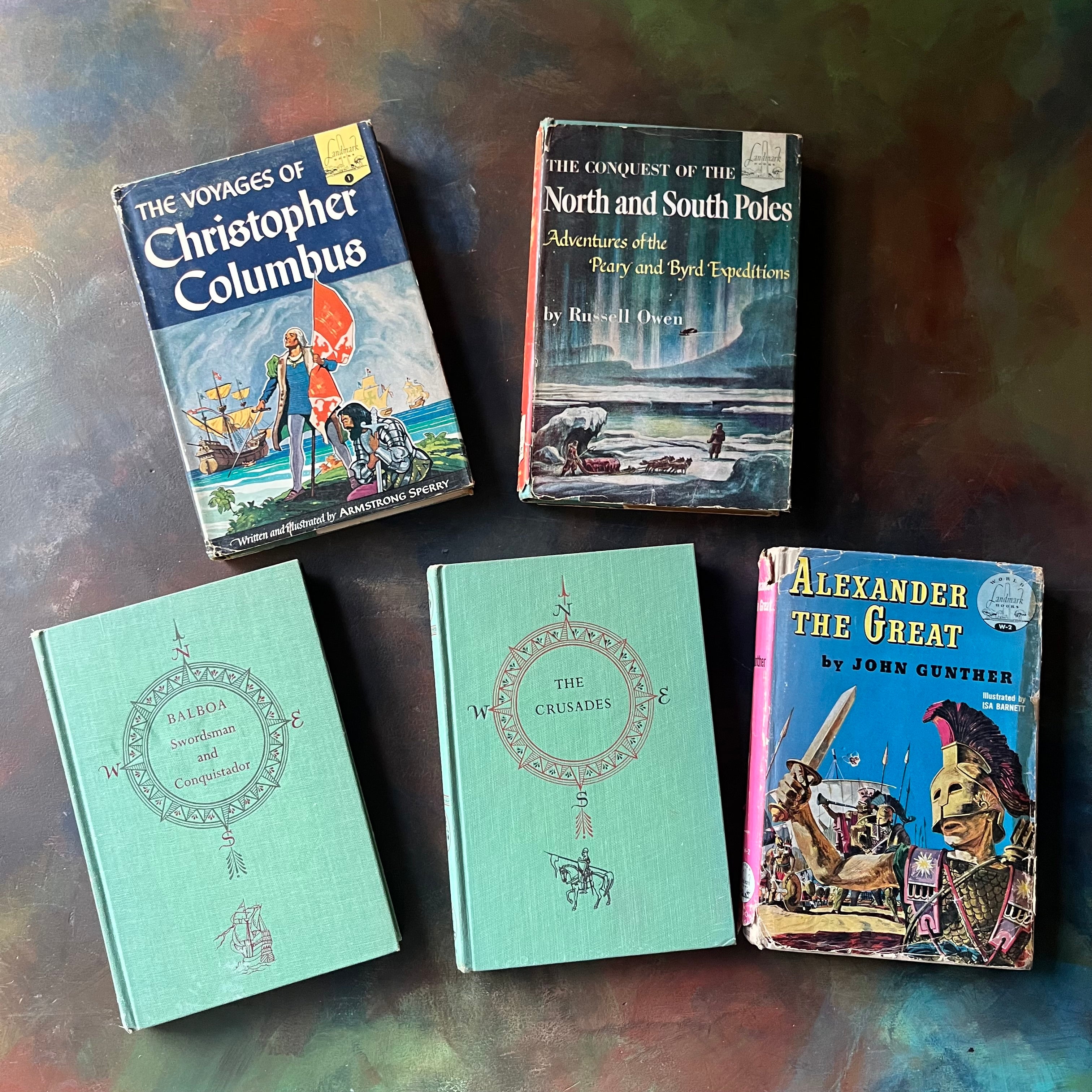 Landmark Series Great Explorers Collection Book Set-Columbus-Alexander the Great-Crusades-Balboa-North and South Poles-vintage living books-view of the front covers with dust jackets