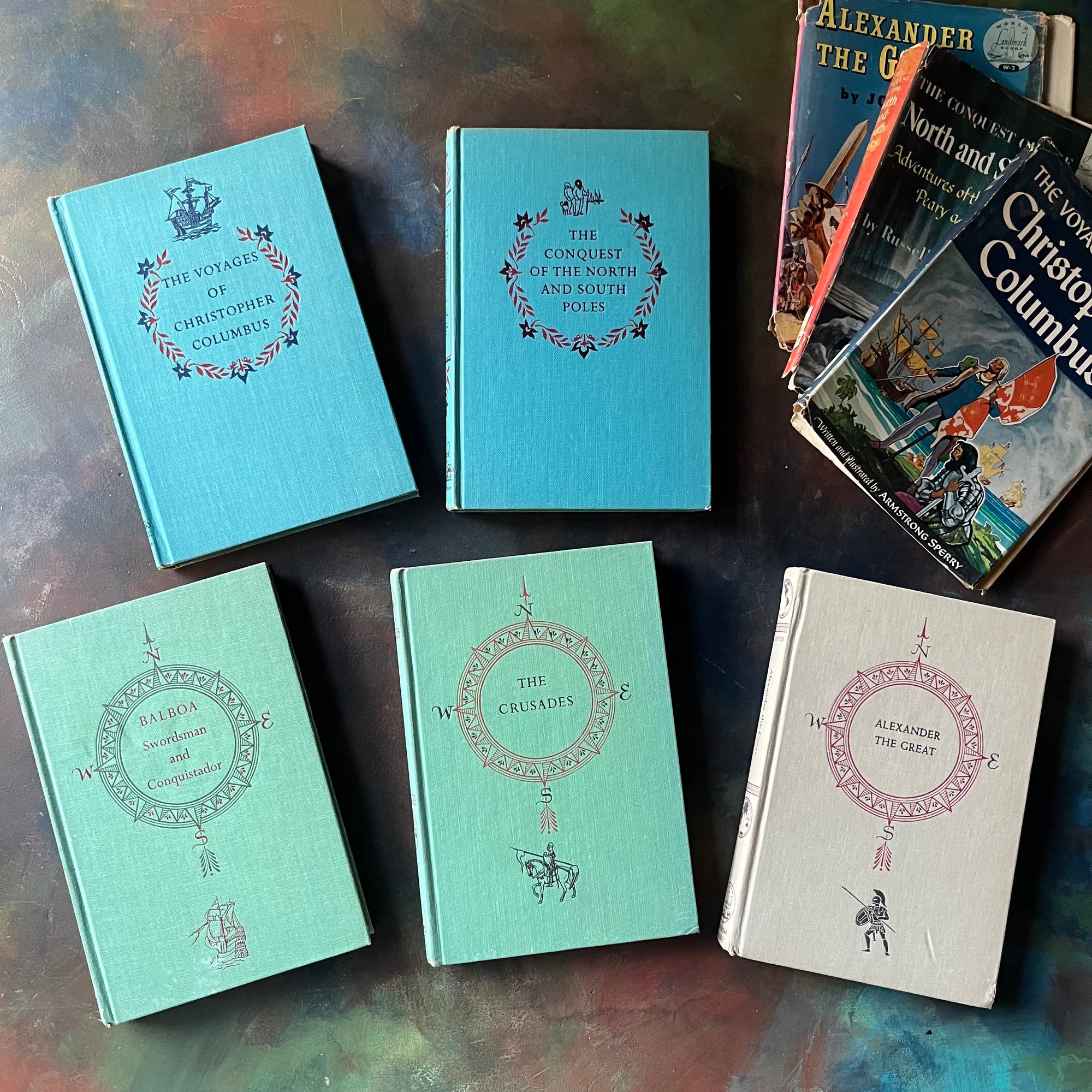 Landmark Series Great Explorers Collection Book Set-Columbus-Alexander the Great-Crusades-Balboa-North and South Poles-vintage living books-view of the front covers