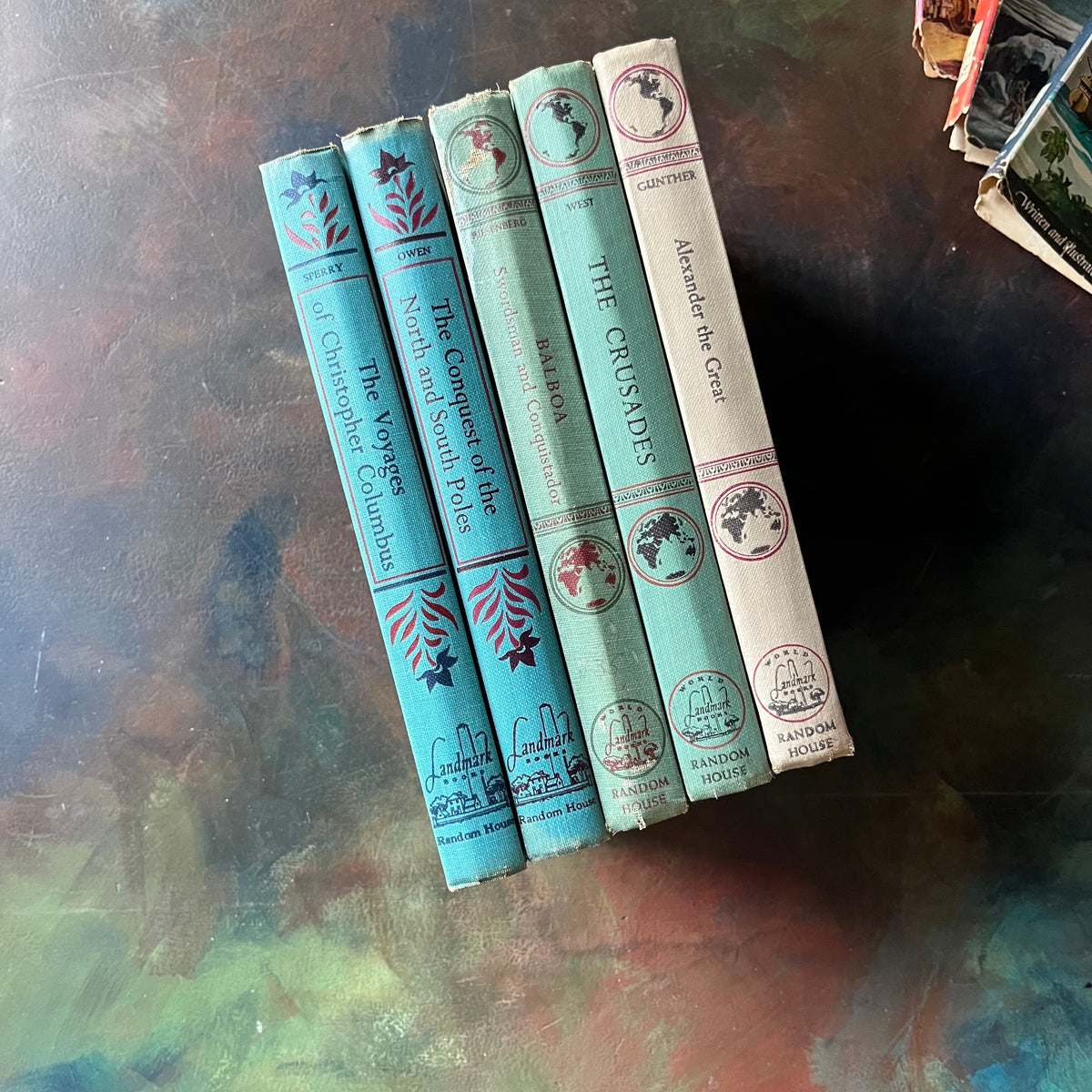 Landmark Series Great Explorers Collection Book Set-Columbus-Alexander the Great-Crusades-Balboa-North and South Poles-vintage living books-view of the spines