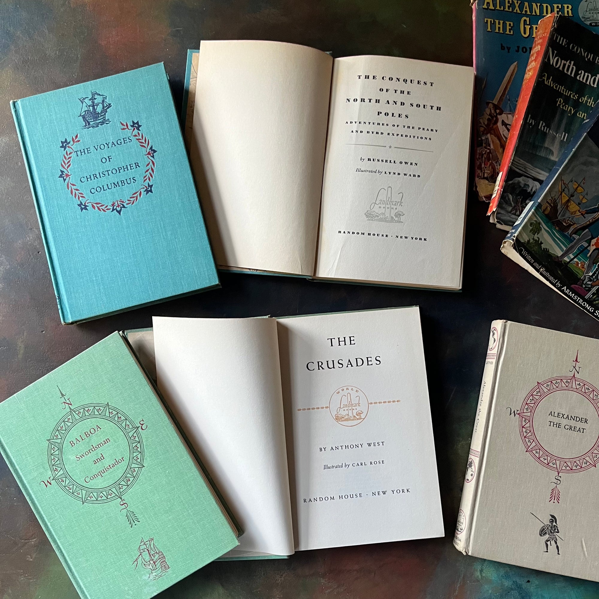 Landmark Series Great Explorers Collection Book Set-Columbus-Alexander the Great-Crusades-Balboa-North and South Poles-vintage living books-view of the title pages