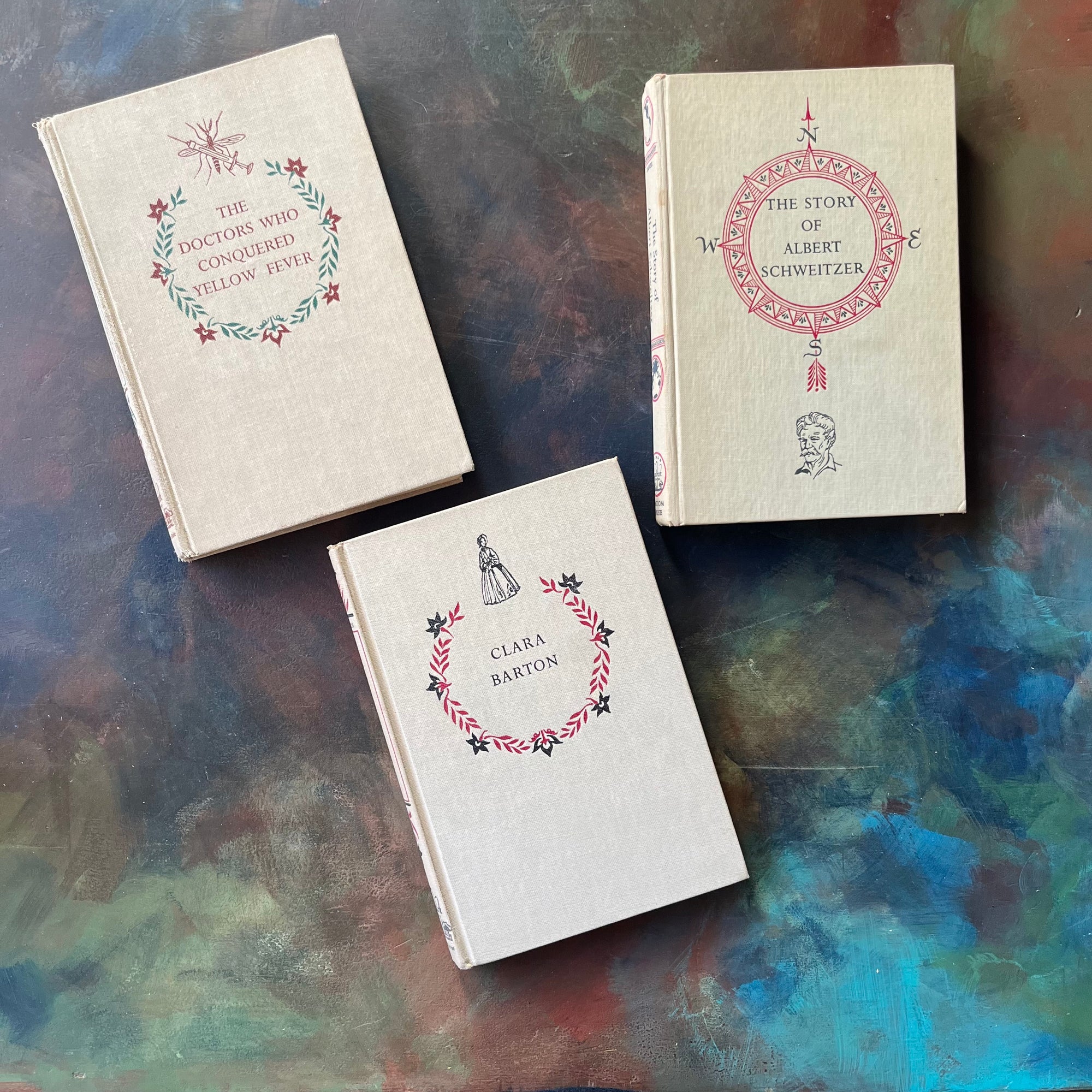 Landmark Series History Book Set for Children-Clara Barton-Albert Schweitzer-The Doctors Who Conquered Yellow Fever-vintage kids books-view of the front covers
