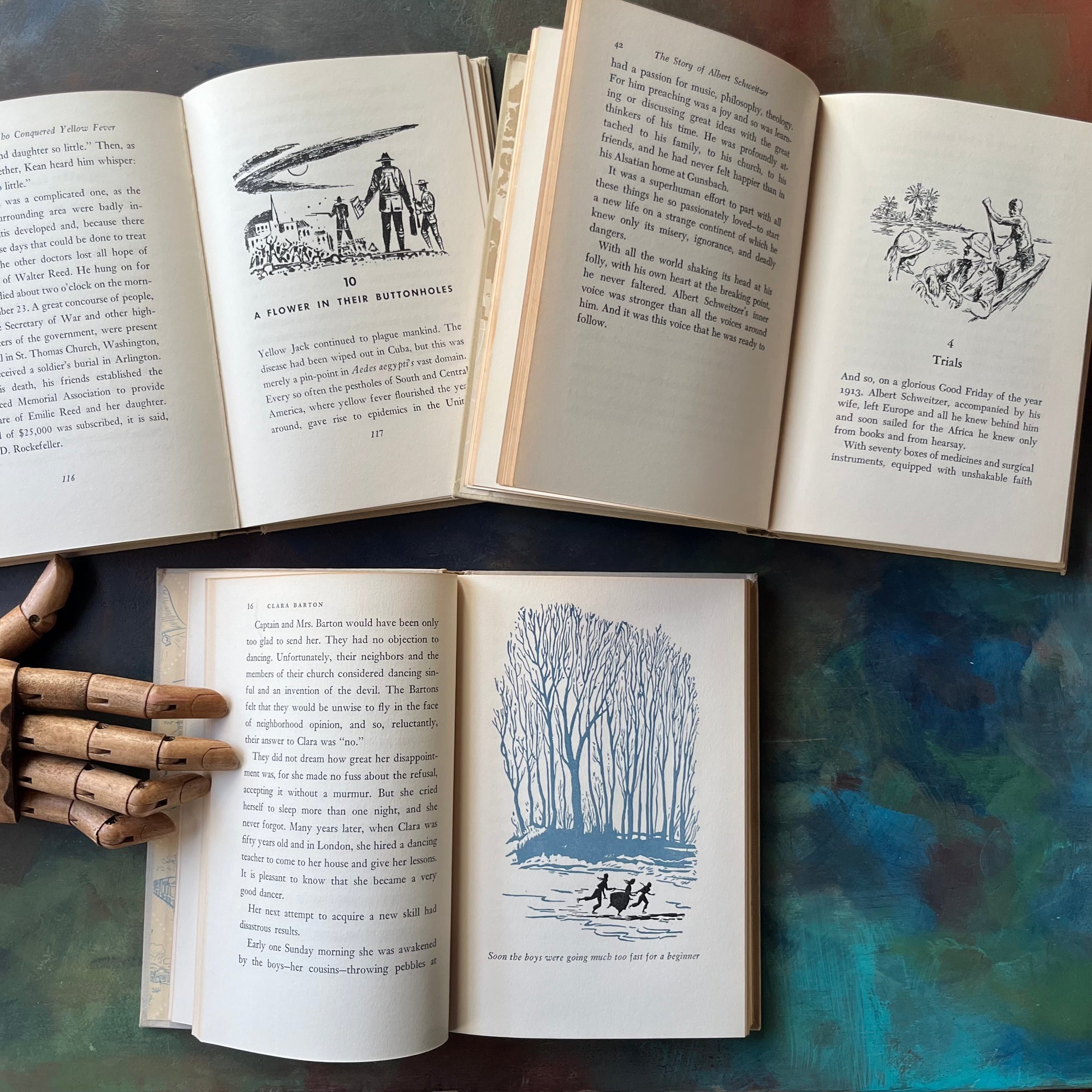 Landmark Series History Book Set for Children-Clara Barton-Albert Schweitzer-The Doctors Who Conquered Yellow Fever-vintage kids books-view of the illustrations