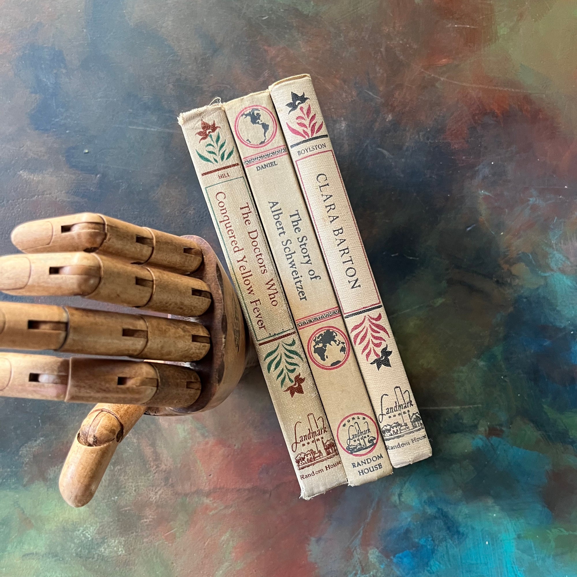 Landmark Series History Book Set for Children-Clara Barton-Albert Schweitzer-The Doctors Who Conquered Yellow Fever-vintage kids books-view of the spines