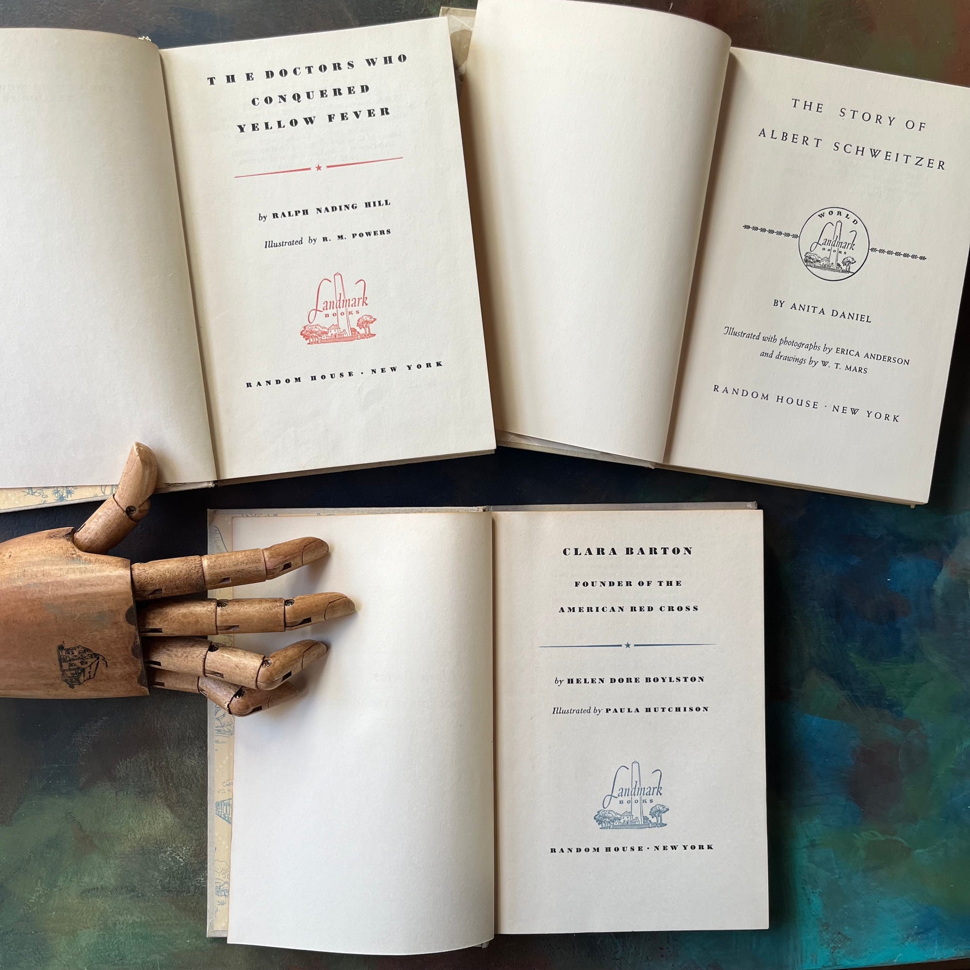Landmark Series History Book Set for Children-Clara Barton-Albert Schweitzer-The Doctors Who Conquered Yellow Fever-vintage kids books-view of the title pages