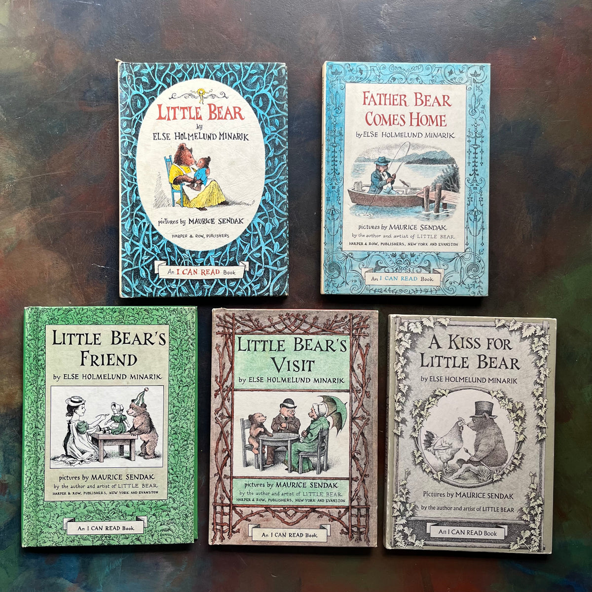 Little Bear Book Set by Else Holmelund Minarik illustrated by Maurice Sendak-vintage picture books-An I Can Read Book Set-view of the front covers with illustrations by Maurice Sendak depicting scenes from each book