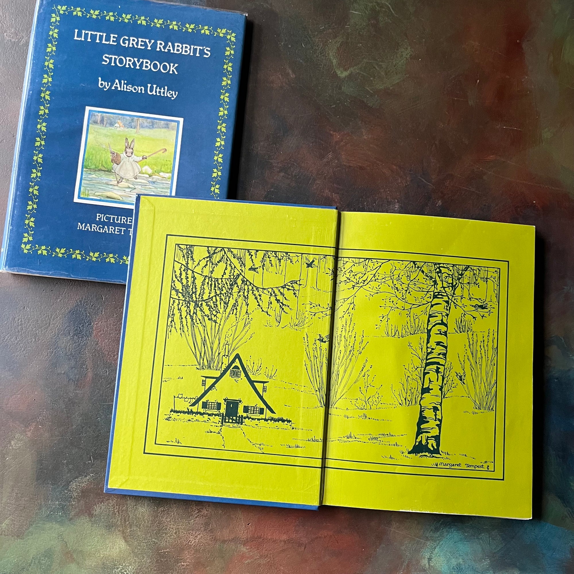 Little Grey Rabbit's Storybook written by Alison Uttley with illustrations by Margaret Tempest-vintage children's animal storybook-view of the inside cover