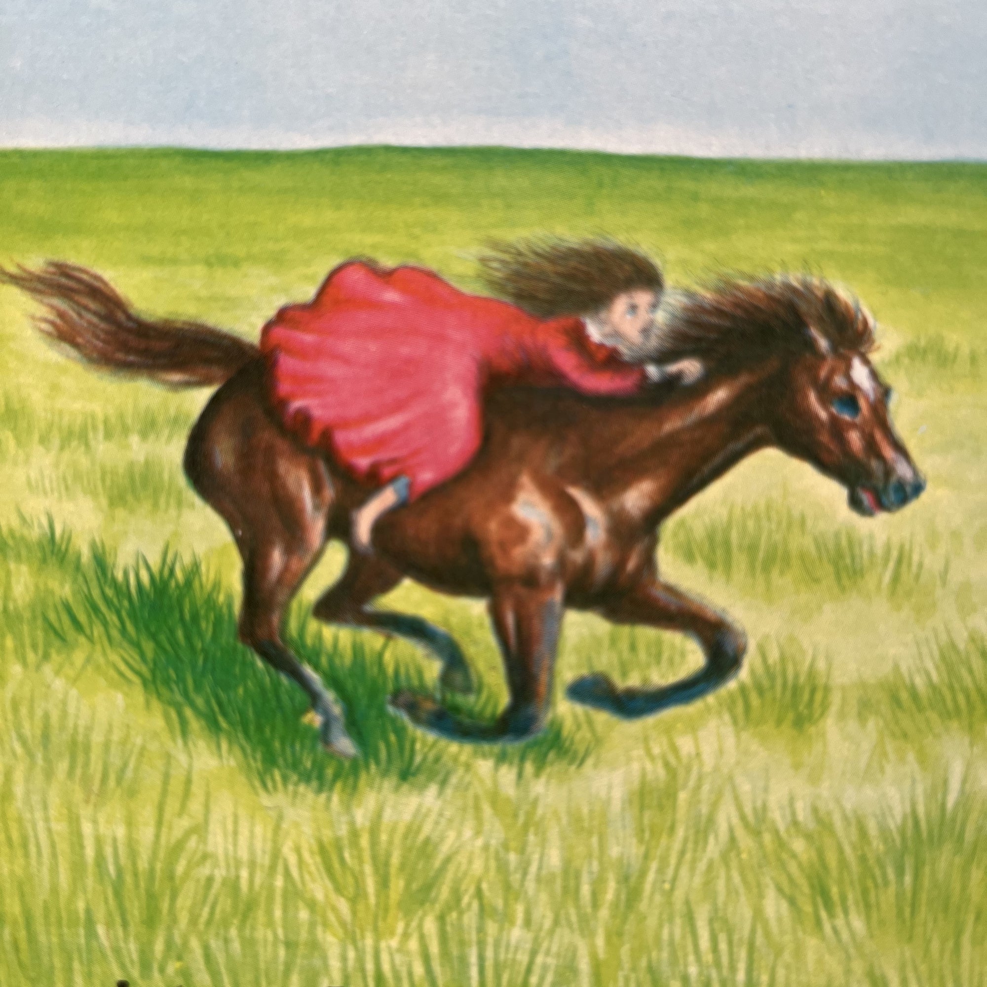 Little House on the Prairie Box Set in Blue written by Laura Ingalls Wilder with Illustrations by Garth Williams-vintage children's chapter books-view of a closeup of the cover of By The Shores of Silver Lake with Laura riding a pony bareback through the prairie