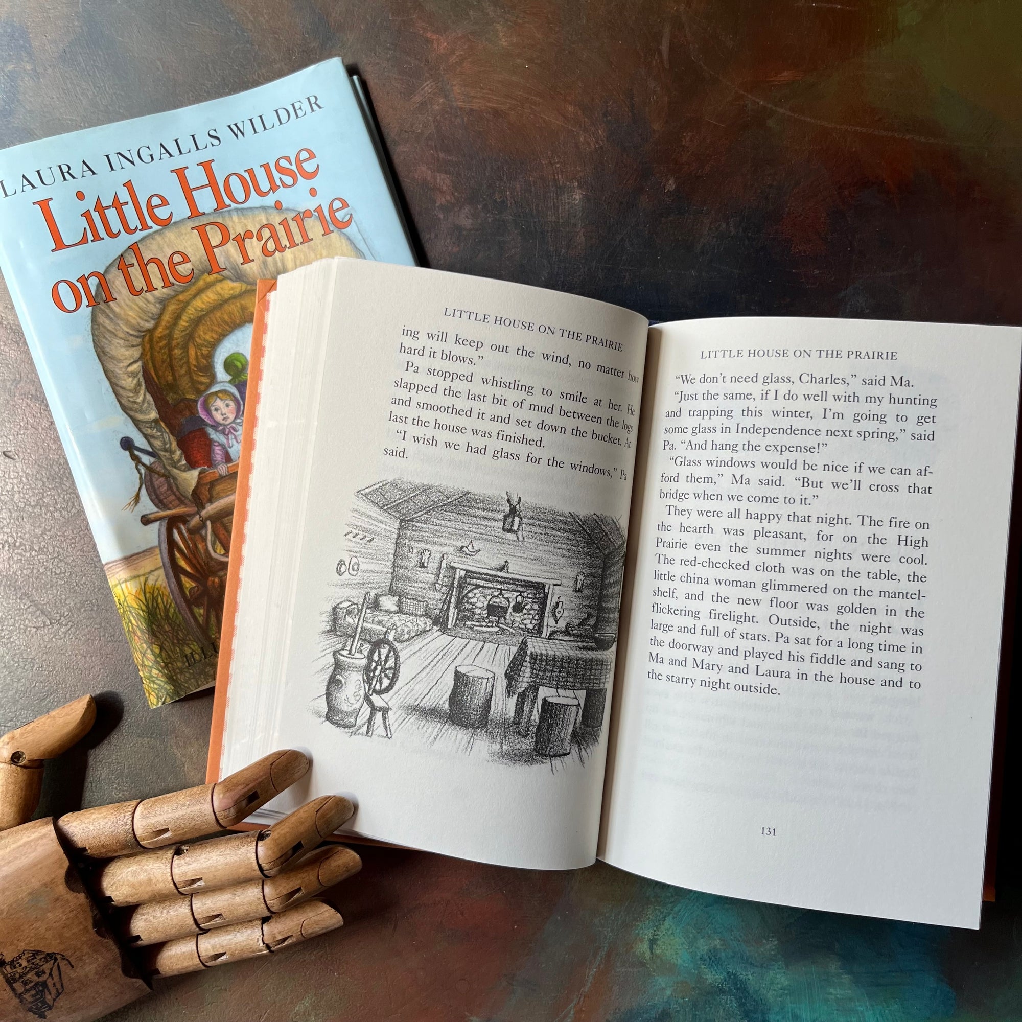 Little House on the Prairie by Laura Ingalls Wilder-Garth Williams-1991 Hardcover Edition-vintage living history book-children's fiction-view of the illustration of the inside of their house on the prairie
