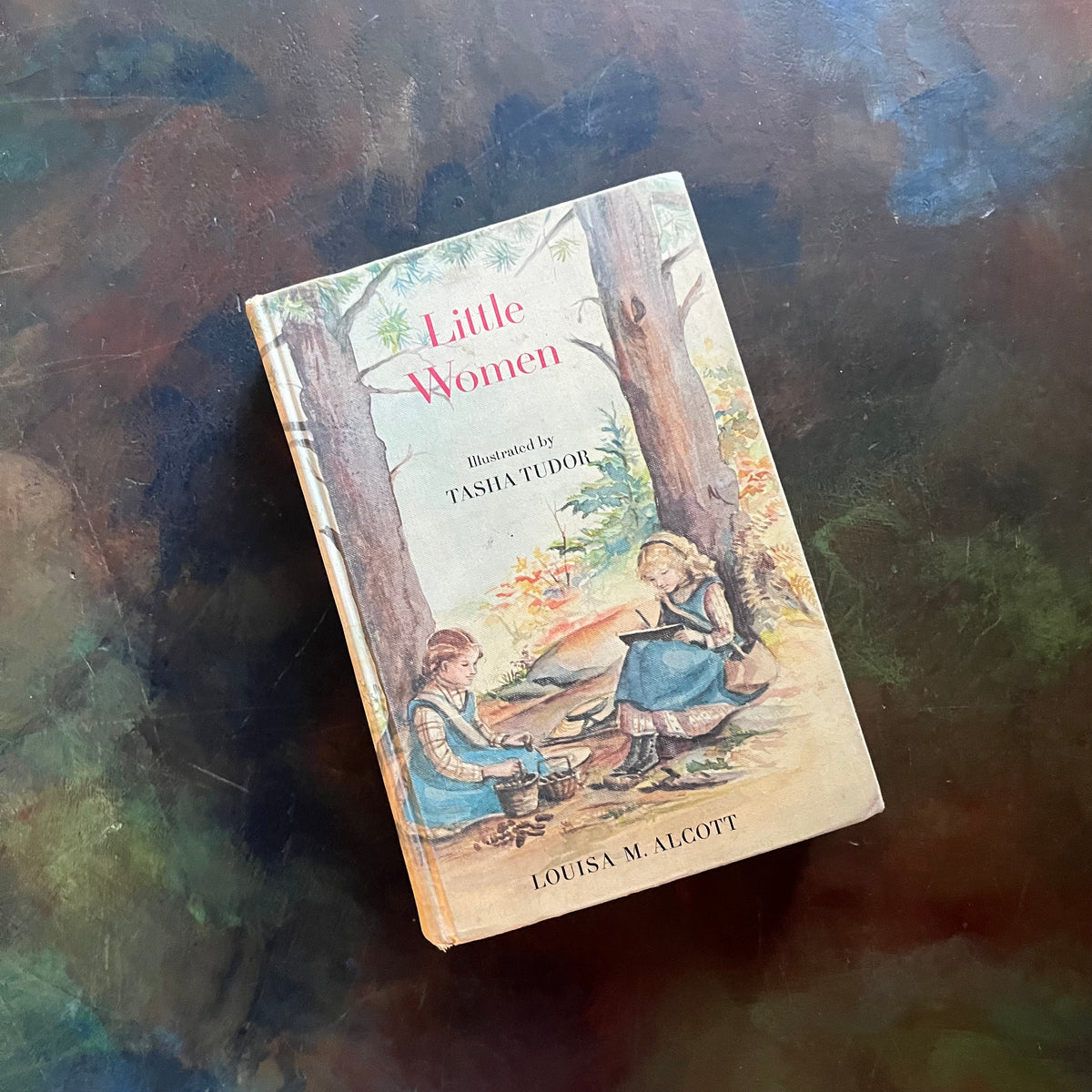 Little Women written by Louisa May Alcott with illustrations by Tasha Tudor-1969 Edition-classic American Literature-homeschool must have-classic children's literature-view of the front cover with an illustration of two girls reading in the woods