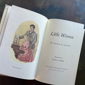 Little Women written by Louisa May Alcott with illustrations by Tasha Tudor-1969 Edition-classic American Literature-homeschool must have-classic children's literature-view of the title page & frontispiece depicting Amy playing the piano