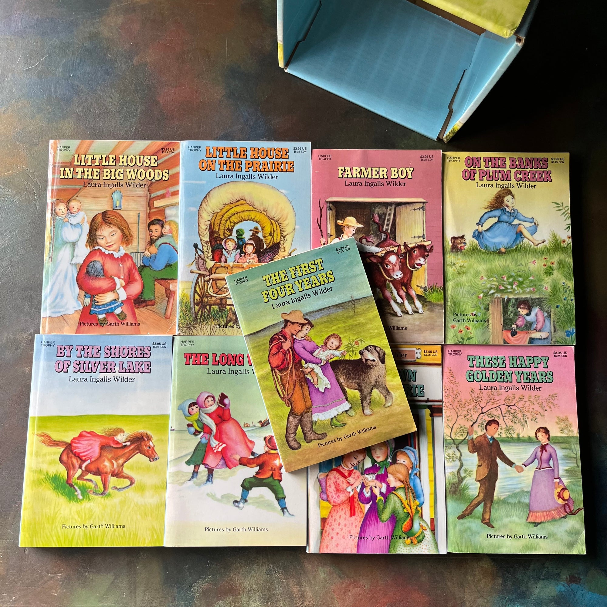 Little House on the Prairie Box Set in Blue written by Laura Ingalls Wilder with Illustrations by Garth Williams-vintage children's chapter books-view of the front covers