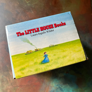 Little House on the Prairie Box Set in Blue written by Laura Ingalls Wilder with Illustrations by Garth Williams-vintage children's chapter books-view of the top of the box sleeve
