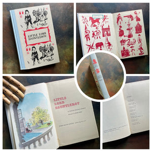 A collage of Junior Deluxe Edition books showing the cover, inside cover, spine, title page and copyright page of the book, Little Lord Fauntleroy, written by Frances Hodgson Burnett - vintage children's classic literature books-collectible children's books-rainbow book spines