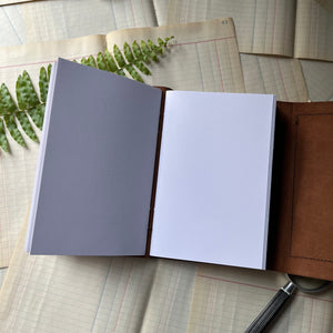 Log Cabin Leather Journal or Guest Book, nature, gratitude or book journal - blank journal - view of the 67 lb white vellum paper inside the journal